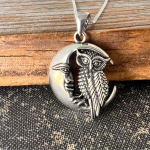Silver Moon and Owl Pendant Necklace
